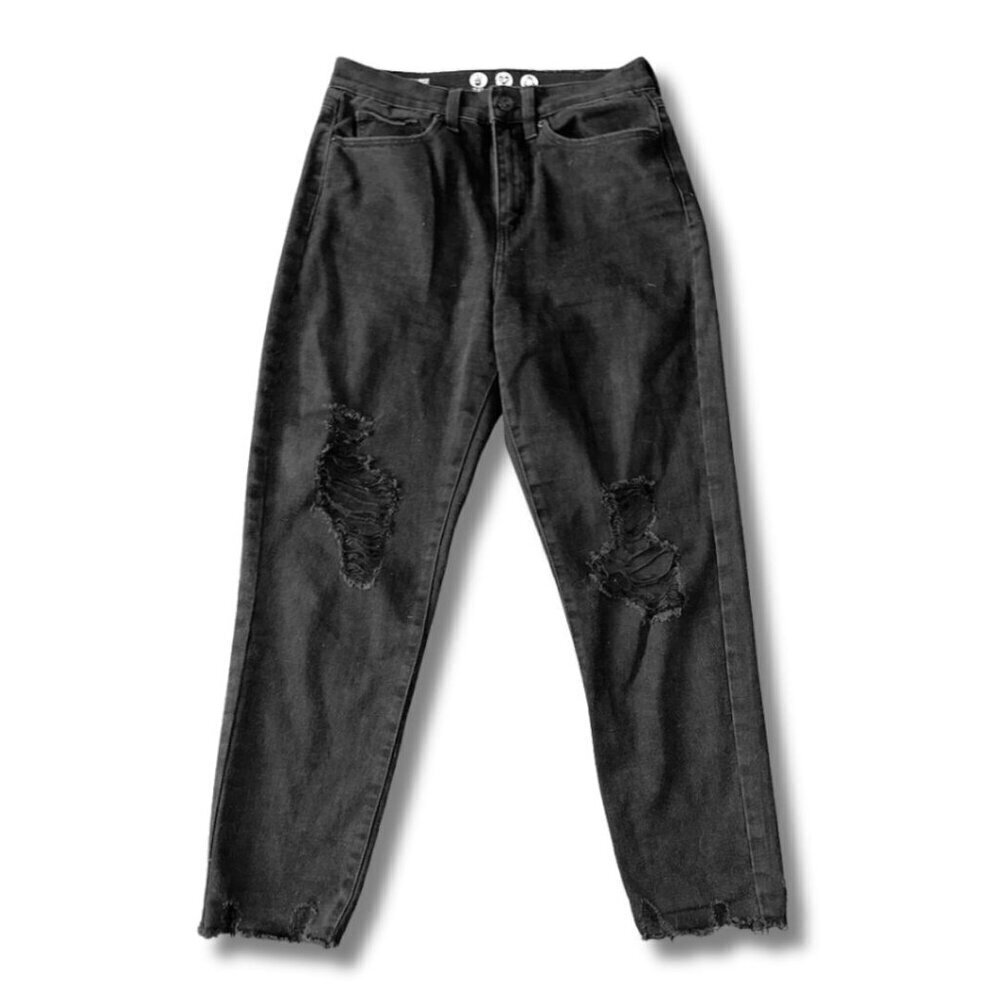 Black Distressed Mom Jeans Straight Leg Holes Knees 3 / 26 Super High Rise